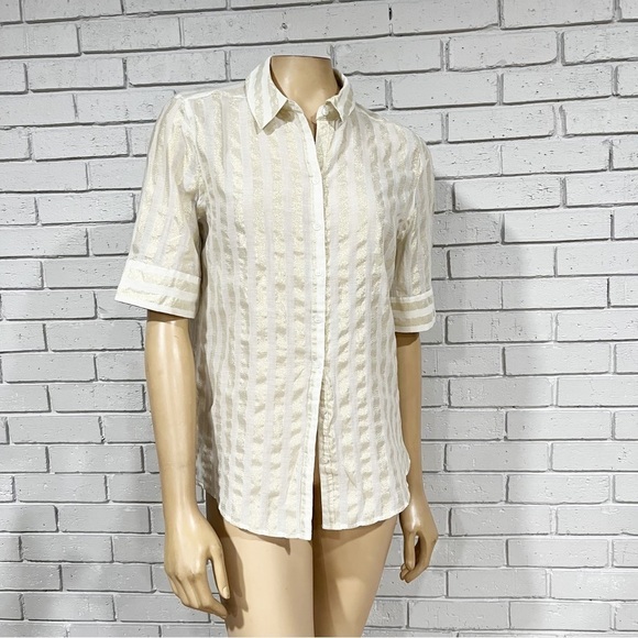 New York & Company Women’s White Gold Striped Short Sleeve Button Down - Picture 1 of 9